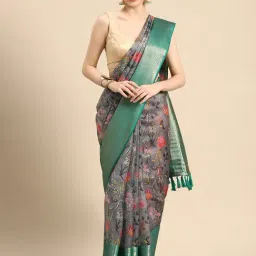 Silk Land Grey & Green Printed Saree With Unstitched Blouse-image-71