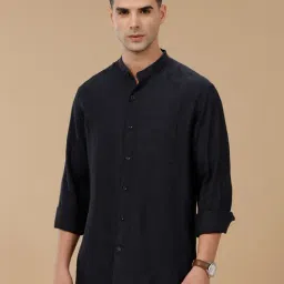 Linen Club Navy Blue Linen Slim fit casual shirts-image-26