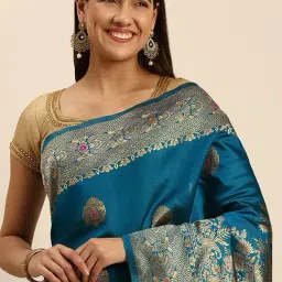 Mohey Blue Silk Woven Saree With Unstitched Blouse image 3