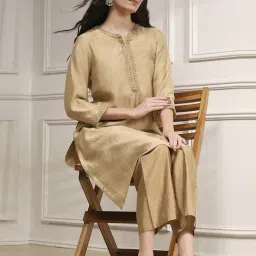 Biba Beige Straight Fit Embroidered Kurta image 5