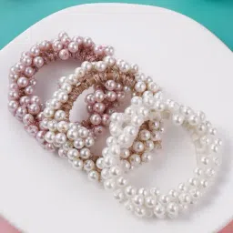 OOMPH Combo of 3 Pearls Gold Pink White Rubber Band Ponytail Holder Stylish Latest-picture-17