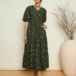 Pink Paprika by SASSAFRAS Tropical Printed Puff Sleeve Fit & Flare Midi Dress-image-11