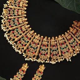 OOMPH Antique Gold Tone Temple Laxmi Design Necklace Set for Women-picture-13