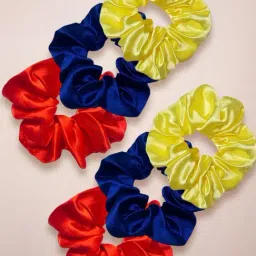 OOMPH Combo of 6 Blue Red & Yellow Satin Silk Scrunchy Rubber Band Hair Tie Ponytail Holder-image-90
