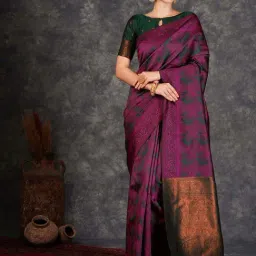 Satrani Pink & Green Silk Woven Saree With Unstitched Blouse-image-95
