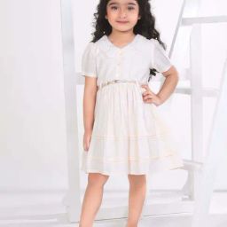 Peppermint Girls Beige Linen Striped Dress-picture-4