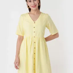 Zink London Light Yellow Regular Fit A Line Dress-image-2