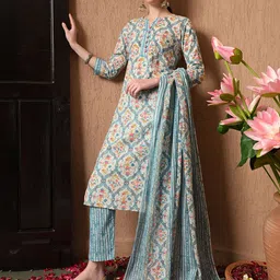Anouk Women Floral Printed Regular Pure Cotton Kurta with Trousers & With Dupatta image 2