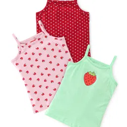 Babyhug 100% Cotton Knit Sleeveless Slips Strawberry & Dotted Print Pack of 3- Red Pink & Green image 1