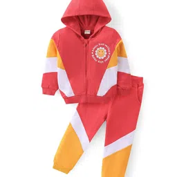 Babyhug Cotton Terry Knit Full Sleeves Hooded T-Shirt & Lounge Pants Set With Floral Print - Red & Yellow-picture-10