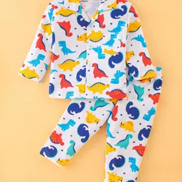 Little Darlings Cotton Knit Full Sleeves Night Suit With Dinosaur Print - White-picture-26