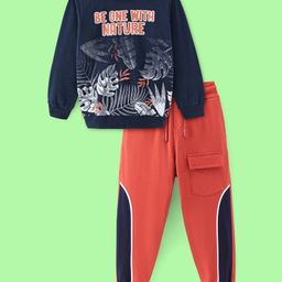 Ollington St. 100% Cotton Knit Full Sleeves Sweatshirt & Joggers with Tropical Theme & Text Print  Black & Red-image-50
