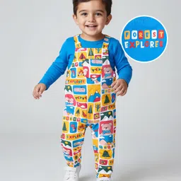 Babyhug Single Jersey Knit Dungaree and Full Sleeves T-Shirt Set with Teddy Print - Yellow & Royal Blue image 1