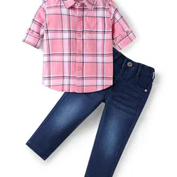 Babyhug Cotton Woven Full Sleeves Checkered Shirt & Solid Denim Jeans - Pink & Blue-picture-36