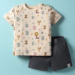 Ollypop Interlock Knit Half Sleeves T-Shirt and Shorts Set With Animal Print - Cream & Dark Grey-picture-9