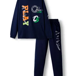 Olio Kids Looper Knit Full Sleeves Winter Wear Sweatshirt & Jogger Set with Play Text Print - Royal Blue-picture-13