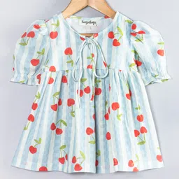 Hugsntugs Cotton Woven Half Puffed Sleeves Striped & Cherries Printed Top - White & Blue-picture-14