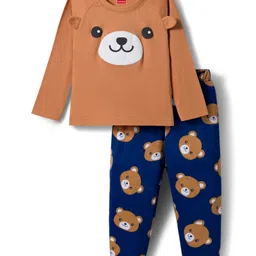 Babyhug Cotton Knit Full Raglan Sleeves Night Suit With Animal Print - Brown-picture-11