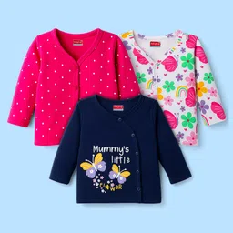 Babyhug 100% Cotton Knit Full Sleeves Front Open Jhablas with Tropical Theme Print Pack of 3 - White Navy Blue & Pink-picture-21