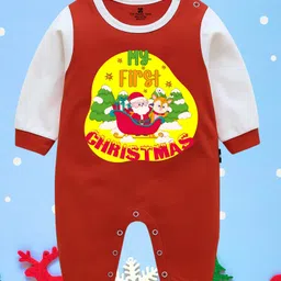 The Peppy Tend 100% Cotton Knit Christmas Theme Raglan Full Sleeves My First Christmas Text Printed Romper - Red White-picture-16