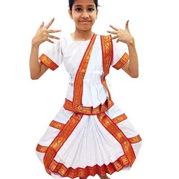 BookMyCostume Half Sleeves Bharatanatyam Saree Fancy Dress Costume - White & Red-picture-22