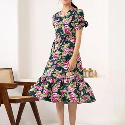 AASK Floral Printed Puff Sleeve Fit & Flare Dress image 1