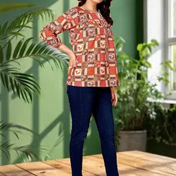 KHANJAN FASHION Women Printed Puff Sleeves Three-Quarter Sleeves Crepe Top image 2