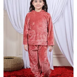 NEUDIS Fleece Knit Full Sleeves Solid Coordinating Night Suit Set - Rust Orange image 5