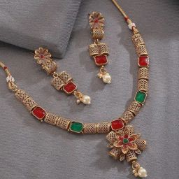 Aatmana Gold Minimal Kundan Studded Floral Shaped Necklace & Earring Set-picture-48