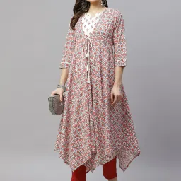 Miravan Orange Floral Print A Line Kurta With Jacket image 4