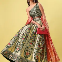 PURVAJA Green Floral Print Stitched Lehenga & Unstitched Blouse With Dupatta image 4