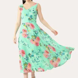 Deewa Sea Green Floral Print A-Line Dress-image-87
