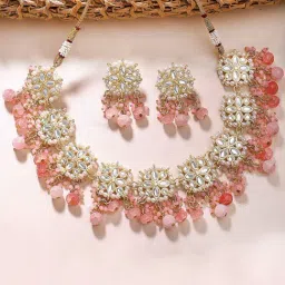 Karatcart Designer Gold-Plated Pink Beads Floral Kundan Choker Necklace Set for Women-image-64