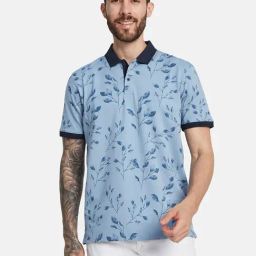 Octave Blue Cotton Regular Fit Floral Print Polo T-Shirt-picture-10