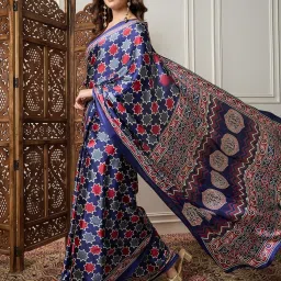 Saree Mall Navy Printed Sarees With Unstitched Blouse image 4