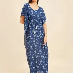 Sweet Dreams Blue Cotton Floral Print Kaftan Nighty-image-78