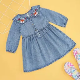 Pantaloons Baby Girls Starlight Blue Cotton Solid Full Sleeves Casual Dresses-picture-23