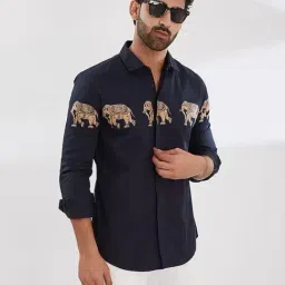 HE SPOKE Navy Blue Cotton Lycra Tailored fit Graphic Casual Shirt-picture-23