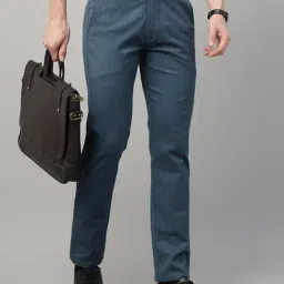 Hancock Navy Cotton Slim Fit Solid Mid Rise Trousers-picture-24