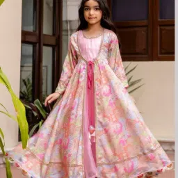 Cutiediva Girls Pink Floral Print Kurta & Shrug Set-picture-14