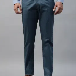 Hancock Blue Cotton Slim Fit Solid Mid Rise Trousers-image-7