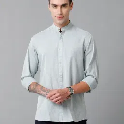 CAVALLO by Linen Club Blue Melange Slim Fit Cotton Linen Shirt-image-35