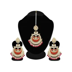 Peora Gold-Plated Kundan Pearl Enamel Maang Tikka Earring Set Jewellery image 4