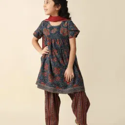 Fabindia Kids Navy & Brown Floral Print Kurta, Salwar with Dupatta-image-9