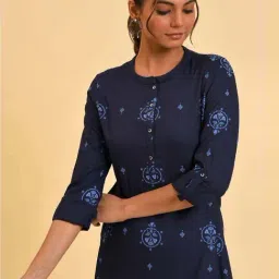 W Navy Printed A Line Kurti image 5