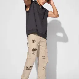 The Souled Store Beige Cotton Loose Fit Graphic Track Pants image 5