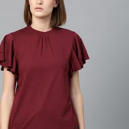 Roadster Women Maroon Flutter Sleeved Solid Top image 1