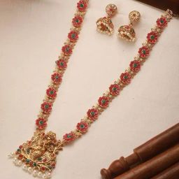 Aatmana Ruby Minimal Studded Floral Temple Necklace & Earring Set-picture-12