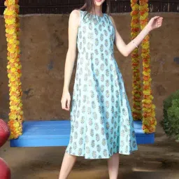 Sera Blue Cotton Printed A-Line Dress-image-2