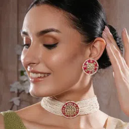 Aatmana Green & Pink Minimal Meenakari Work Floral Multistrand Necklace & Earring Set image 2